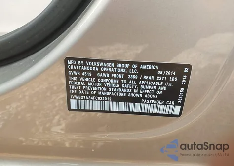 2015 Volkswagen Passat 1.8T Se from USA, damaged, VIN 1VWBS7A34FC022012